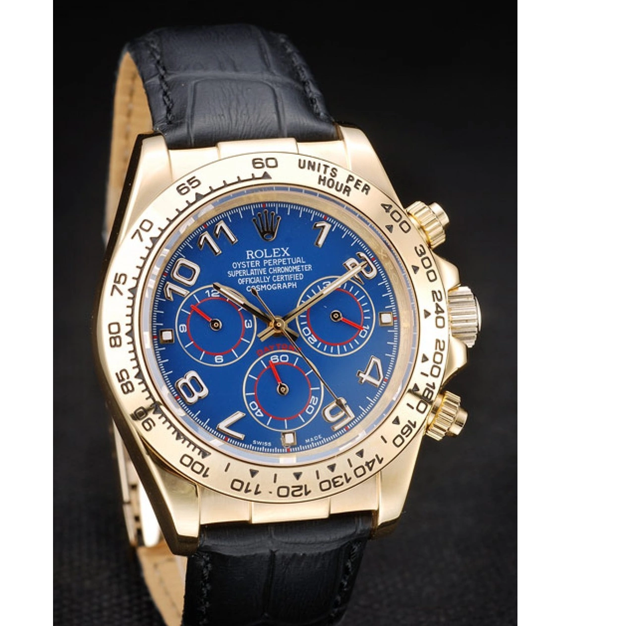 Aaa replica watch Gold Rolex Case Daytona Dial Leather Black Strap Blue 0701